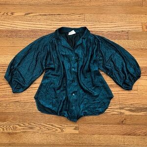 80s Teal / Blue Metallic Shimmer Button Up Blazer Blouse Top
